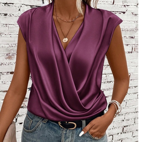 Classic Solid Satin V neck Ruched Bodysuit